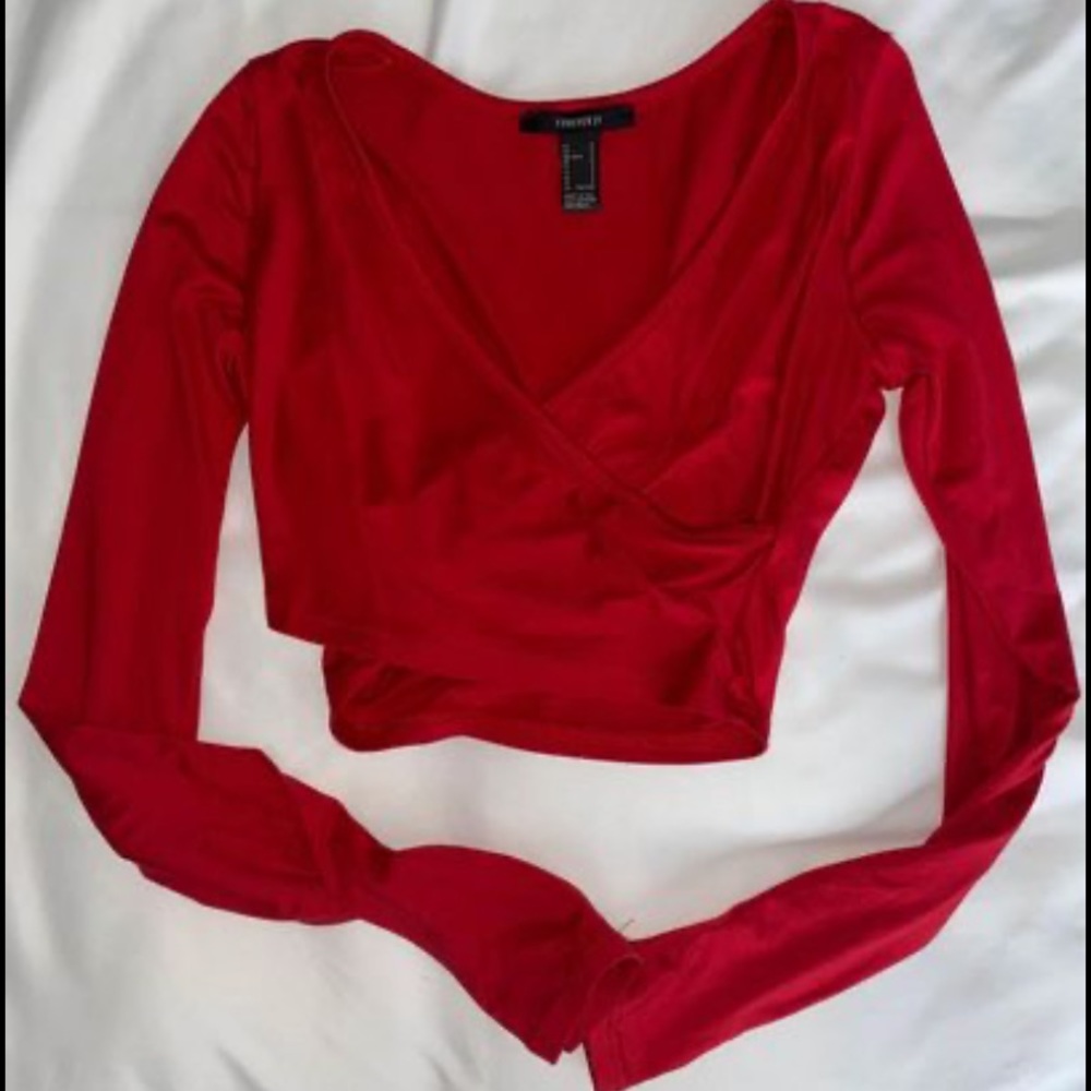 Forever 21 Red Wrap Long Sleeve Crop Top